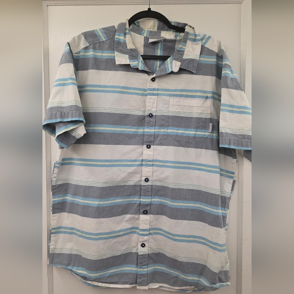Columbia Sportswear Striped Short Sleeve Button Down Shirt XL Blue Gray Cotton